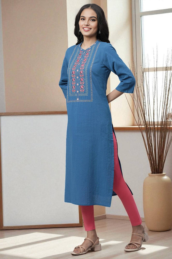 Blue Embroidered Textured Cotton Kurta