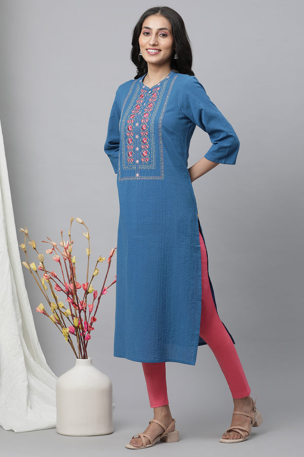 Blue Solid Embroidered Straight Cotton Kurta