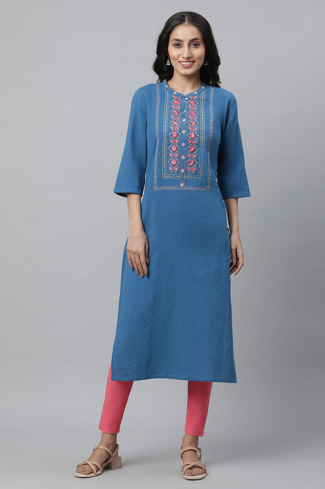 Blue Solid Embroidered Straight Cotton Kurta