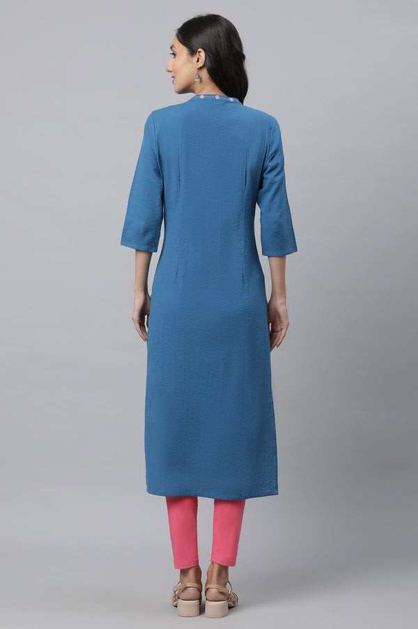 Blue Solid Embroidered Straight Cotton Kurta