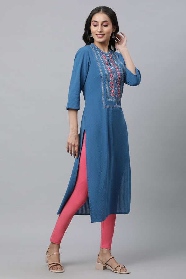 Blue Solid Embroidered Straight Cotton Kurta