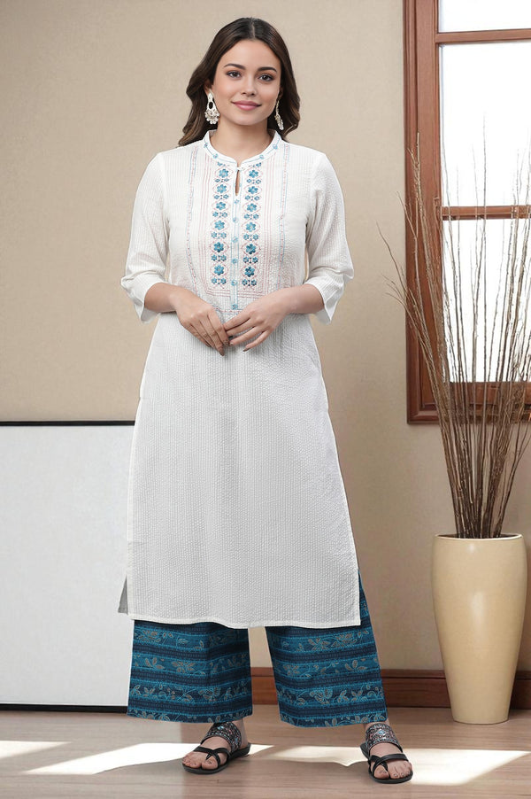 White Embroidered Textured Cotton Kurta