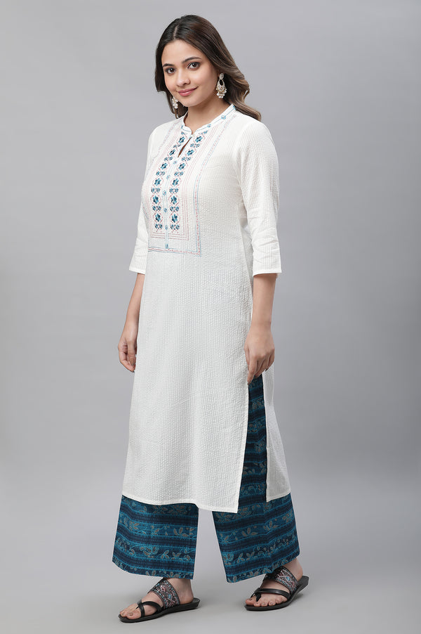 White Solid Embroidered Straight Cotton Kurta