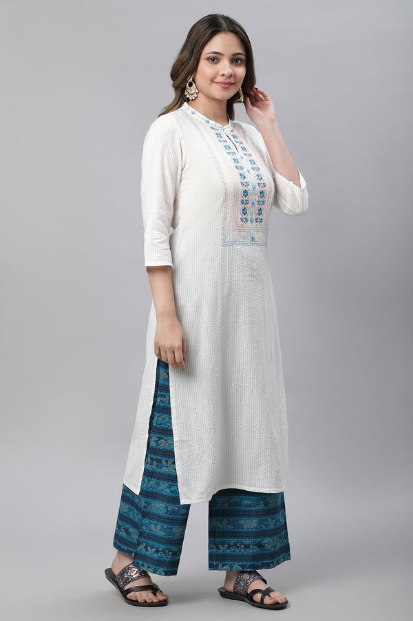White Solid Embroidered Straight Cotton Kurta