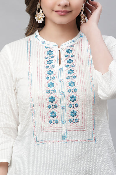 White Thread Work Cotton Blend Straight Kurta and Palazzo Set