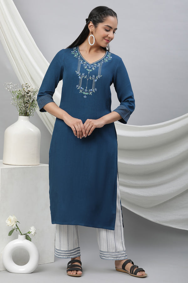 Blue Embroidered Rayon Straight Kurta