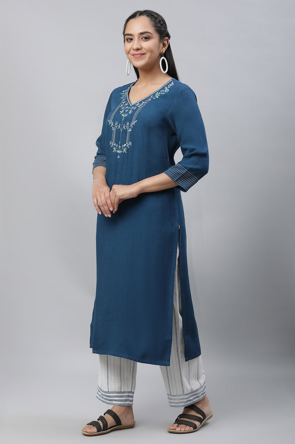 Blue Embroidered Rayon Straight Kurta