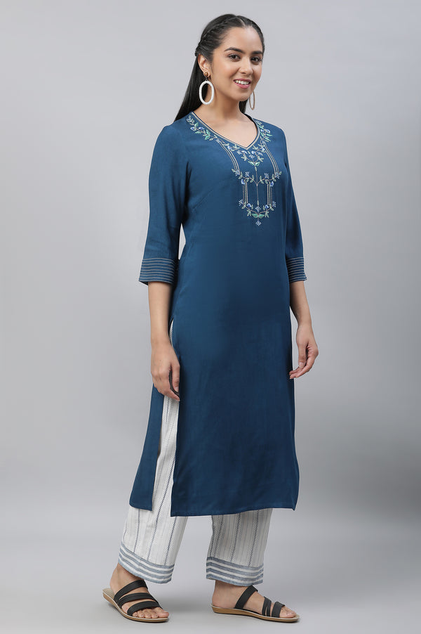 Blue Embroidered Rayon Straight Kurta