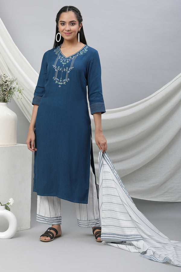 Blue Embroidered Rayon Straight Kurta