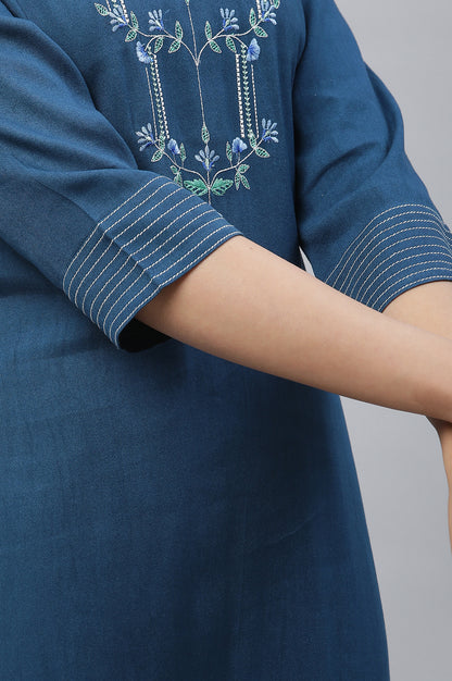 Blue Embroidered Rayon Kurta