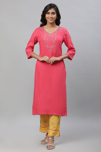 Pink Solid Embroidered Kurta