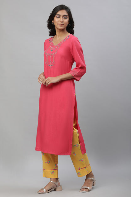 Pink Solid Embroidered Kurta