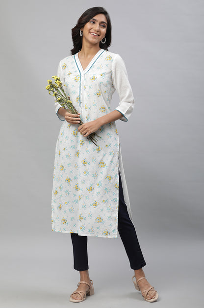 White Seer Sucker Kurta with Blue Floral Print