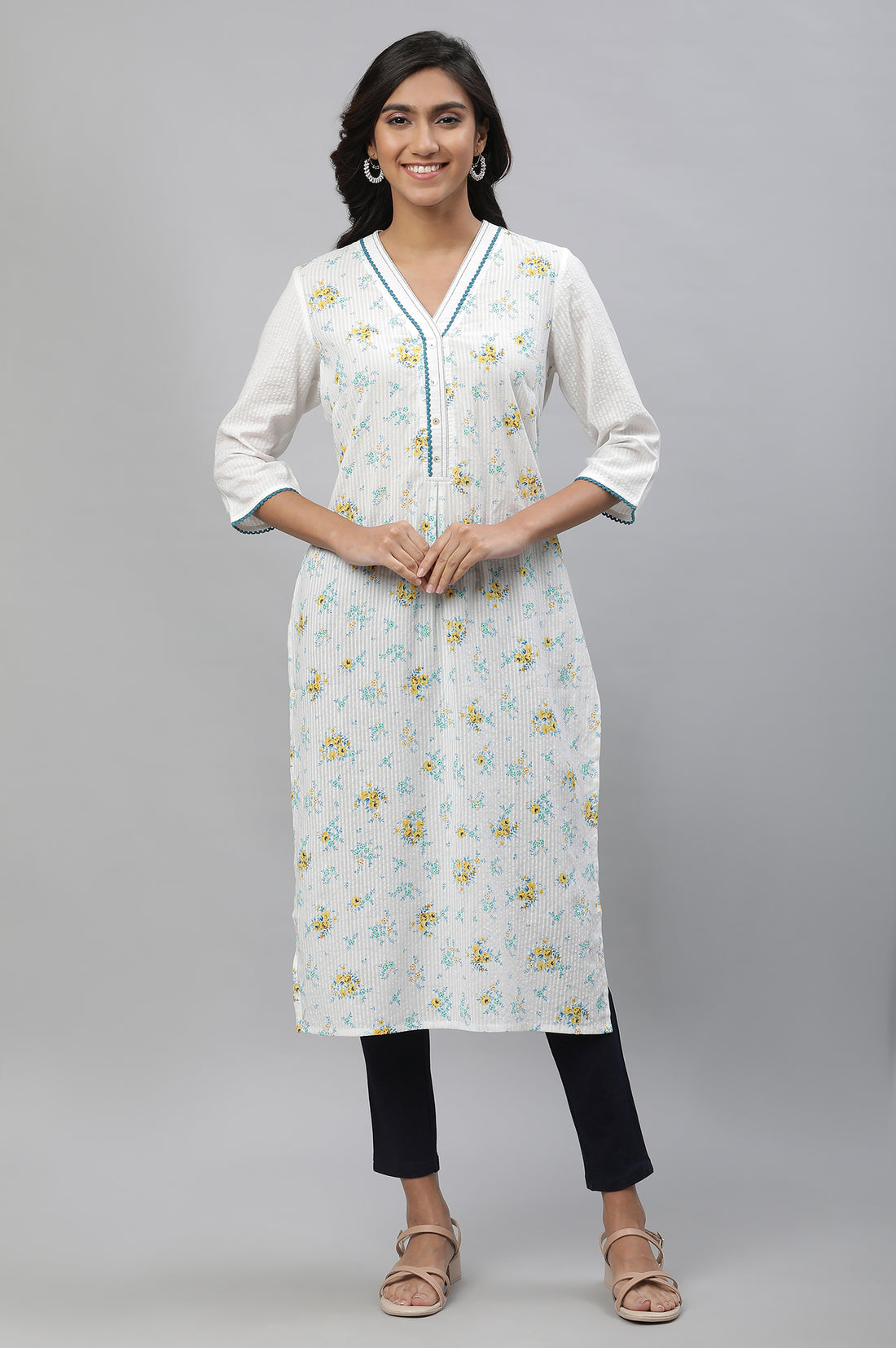 White Textured Cotton Kurta with Blue Floral Print