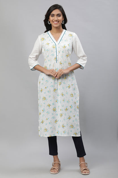 White Seer Sucker Kurta with Blue Floral Print