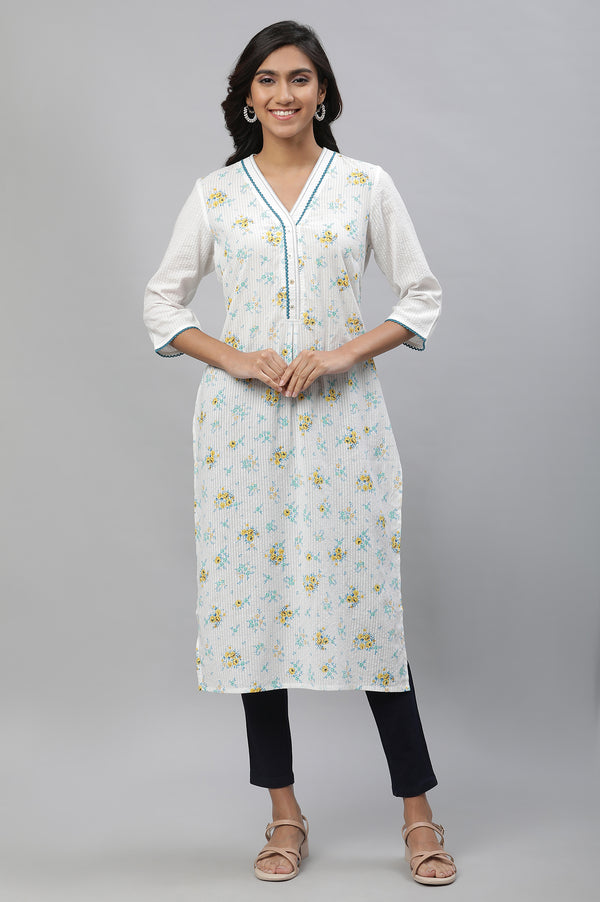 White Floral Embroidered Straight Cotton Kurta