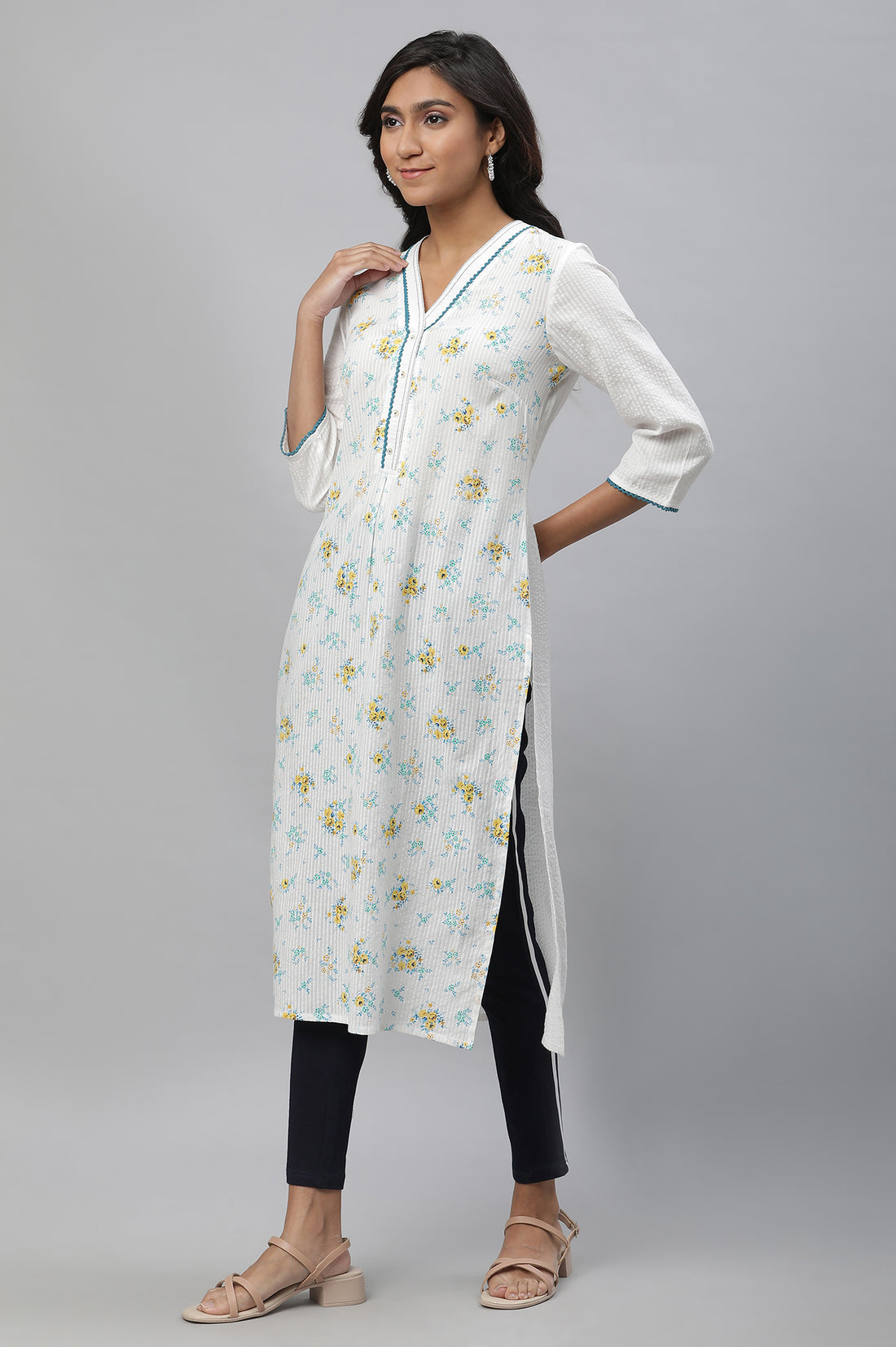 White Textured Cotton Kurta with Blue Floral Print