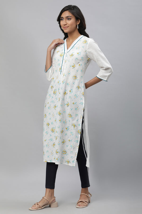 White Floral Embroidered Straight Cotton Kurta