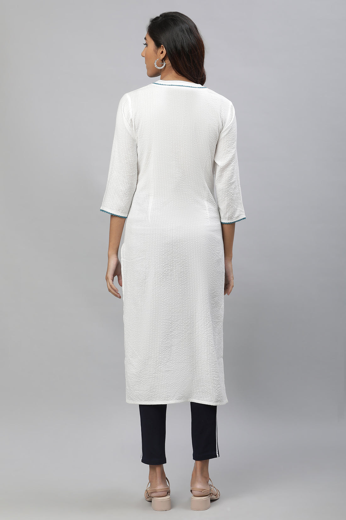 White Textured Cotton Kurta with Blue Floral Print