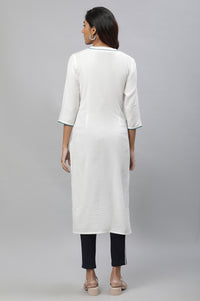 White Seer Sucker Kurta with Blue Floral Print