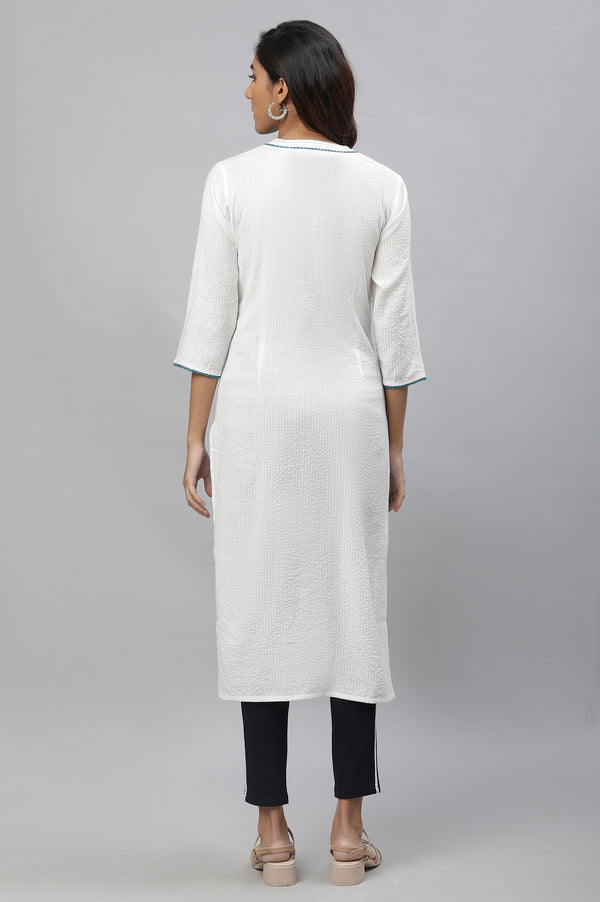 White Floral Embroidered Straight Cotton Kurta