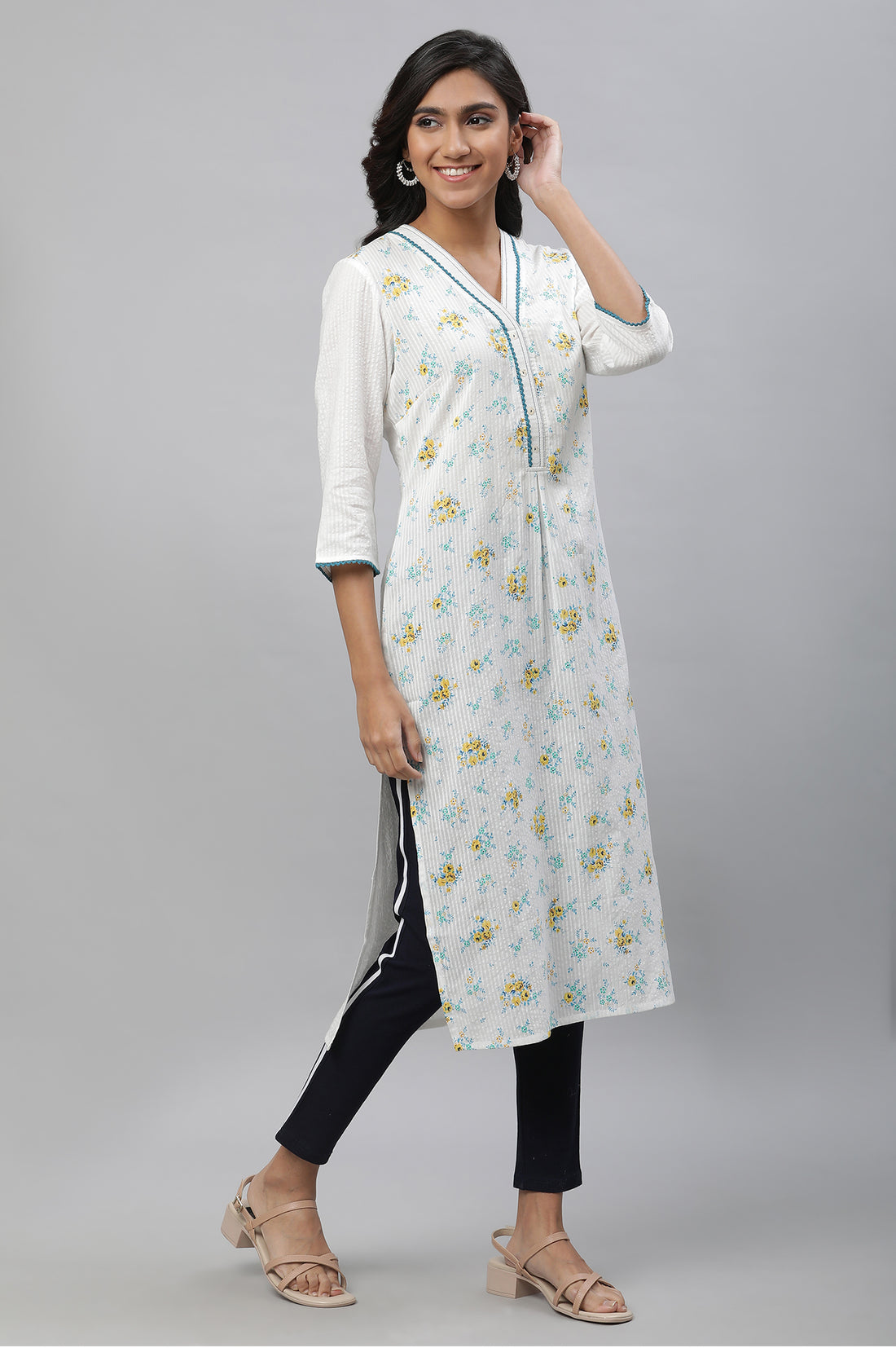 White Textured Cotton Kurta with Blue Floral Print