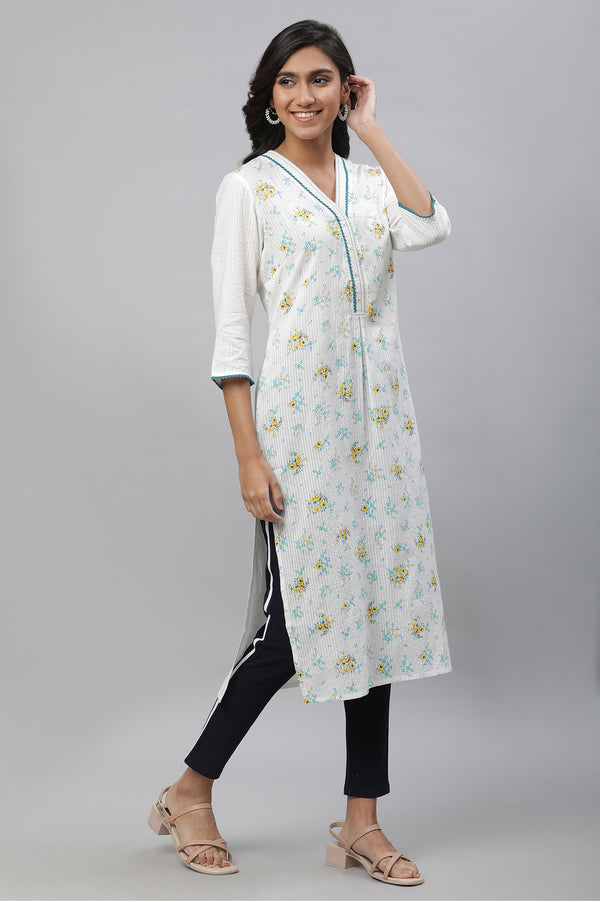 White Floral Embroidered Straight Cotton Kurta