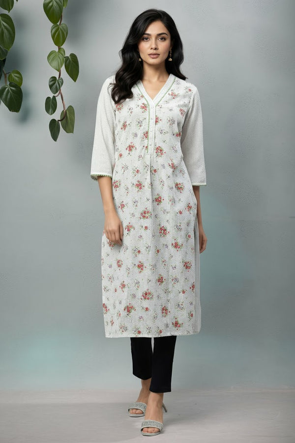 White Textured Cotton Kurta with Pink Floral Print
