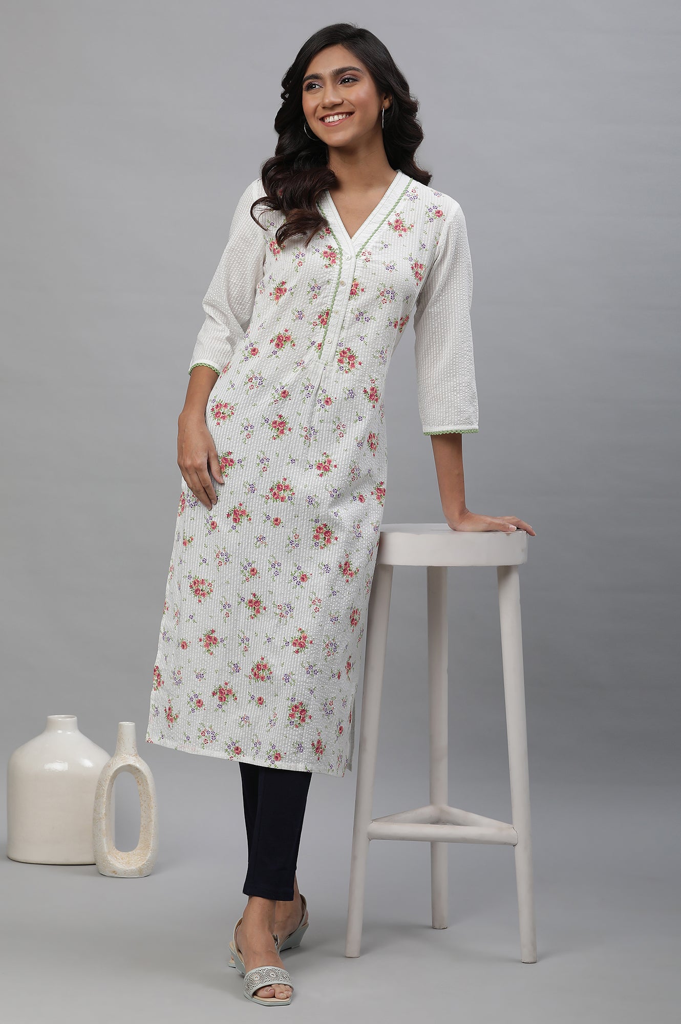 White Seer Sucker Kurta with Pink Floral Print