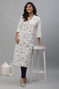 White Floral Embroidered Straight Cotton Kurta