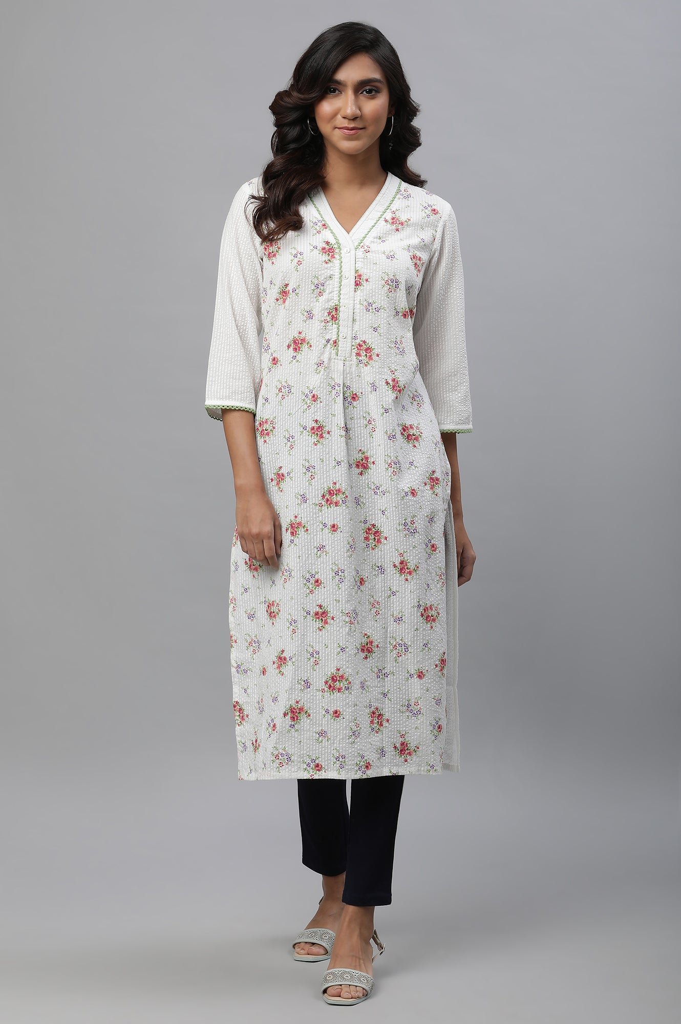 White Seer Sucker Kurta with Pink Floral Print