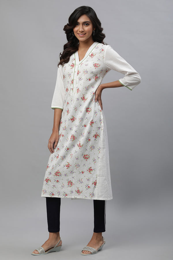 White Textured Cotton Kurta with Pink Floral Print