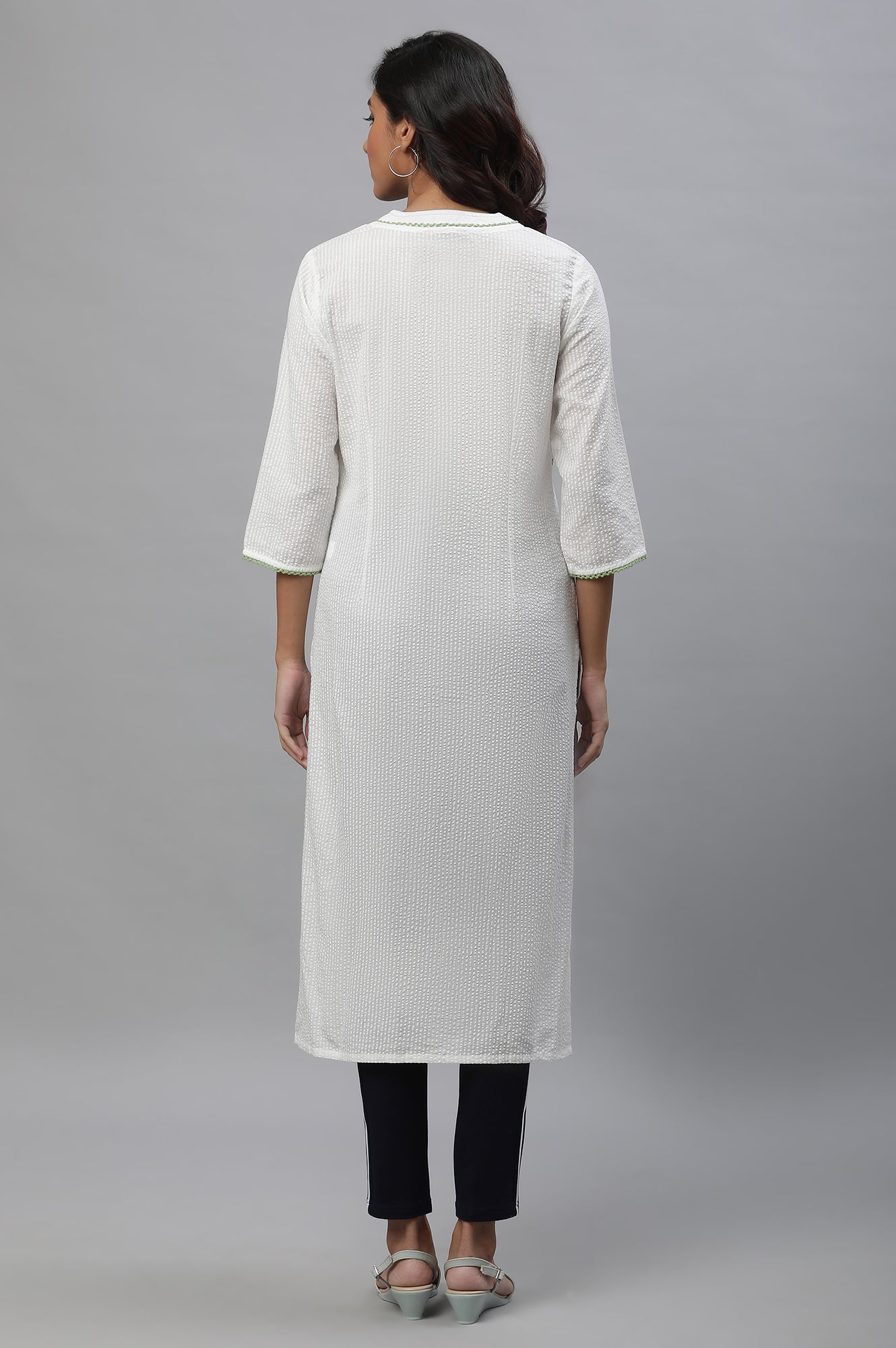 White Seer Sucker Kurta with Pink Floral Print