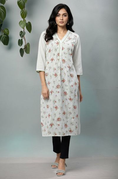 White Seer Sucker Kurta with Pink Floral Print