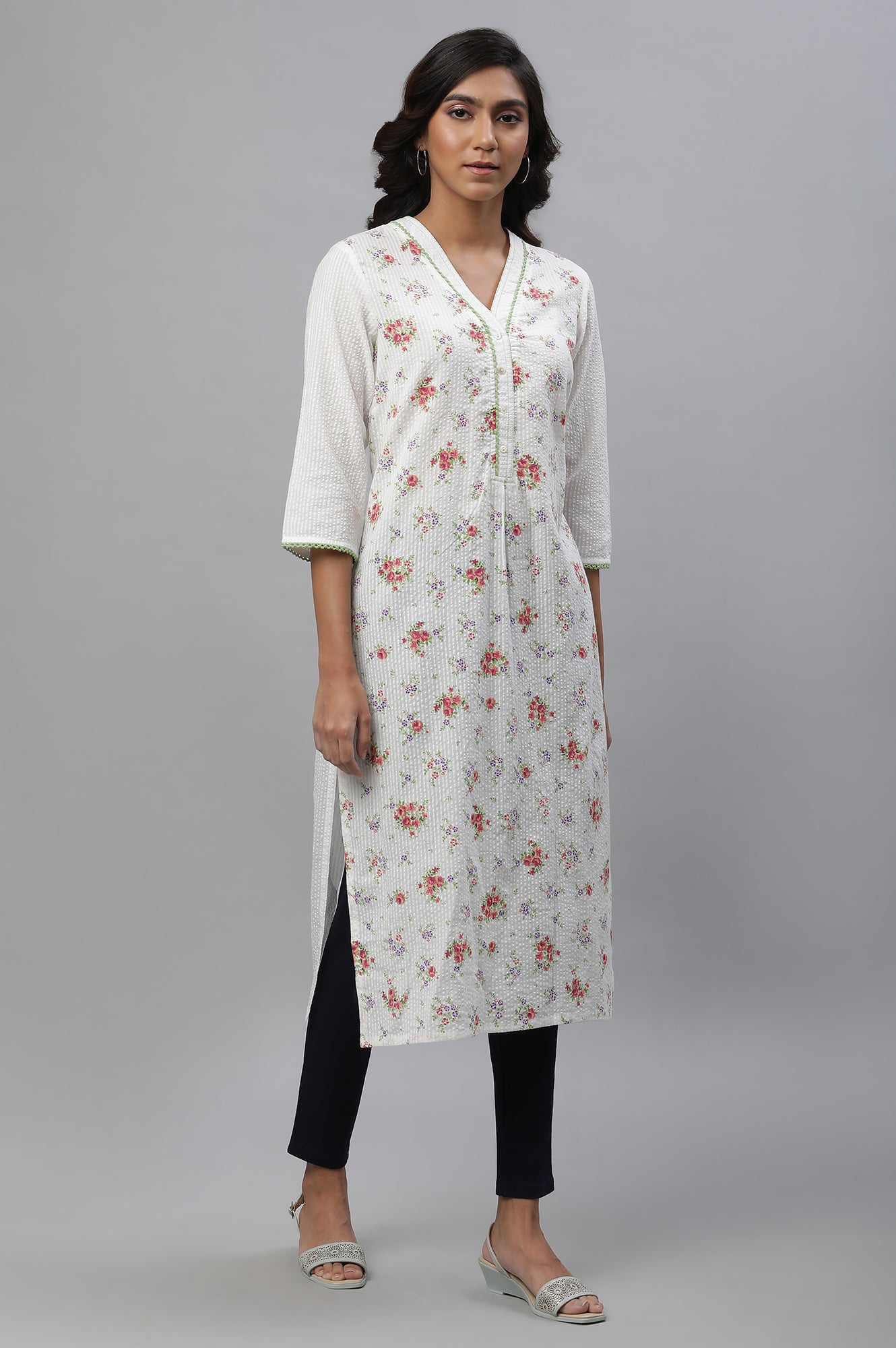 White Seer Sucker Kurta with Pink Floral Print