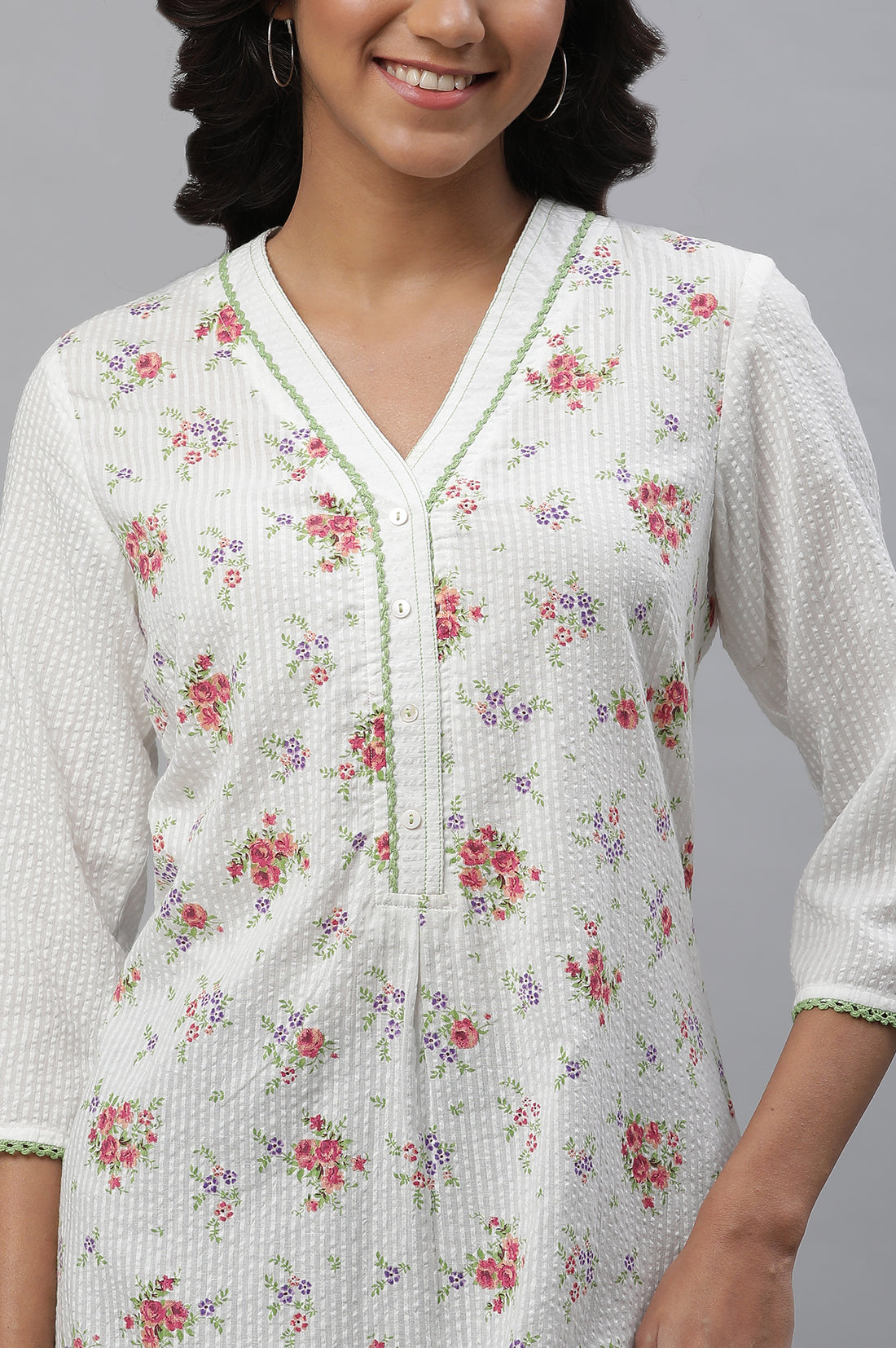 White Textured Cotton Kurta with Pink Floral Print
