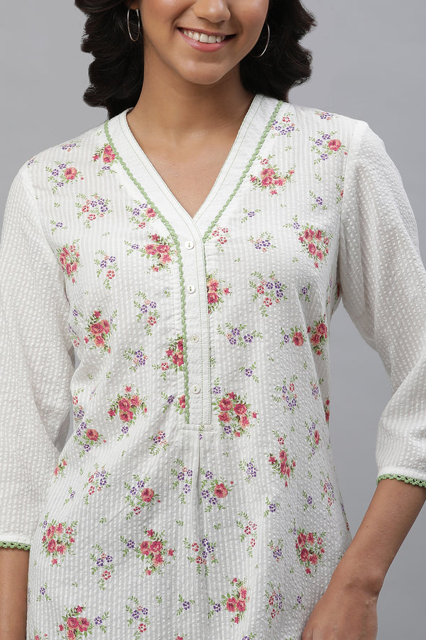White Textured Cotton Kurta with Pink Floral Print