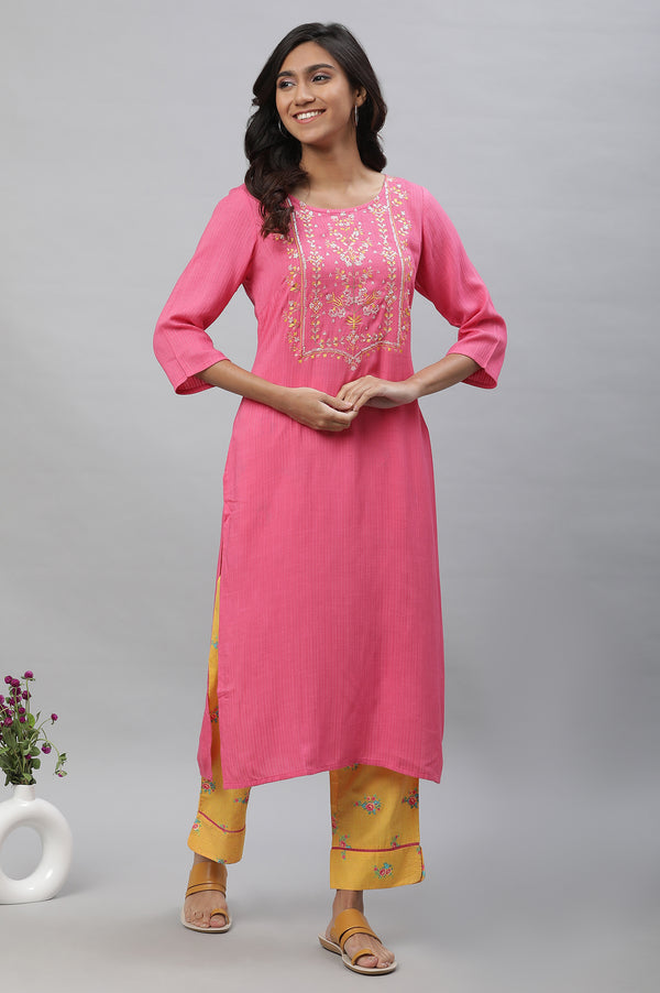 Pink Embroidered Rayon Straight Ethnic Kurta