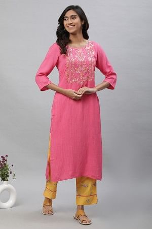 Pink Embroidered Ethnic Kurta