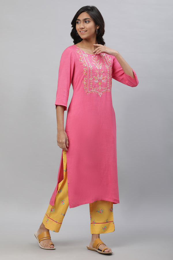 Pink Embroidered Rayon Straight Ethnic Kurta
