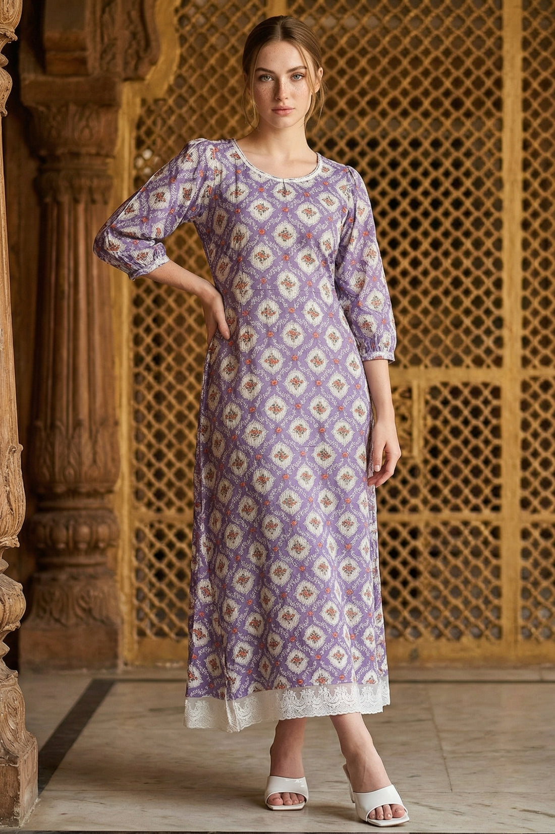 Purple Floral Printed Flared Dress