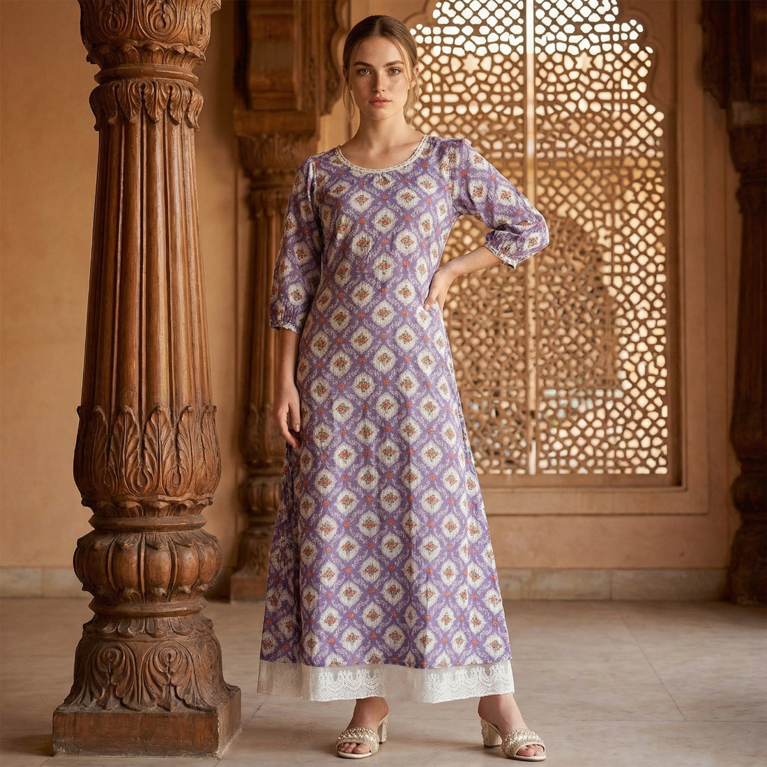 Purple Floral Printed Flared Dress