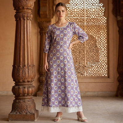 Purple Floral Printed Flared Dress