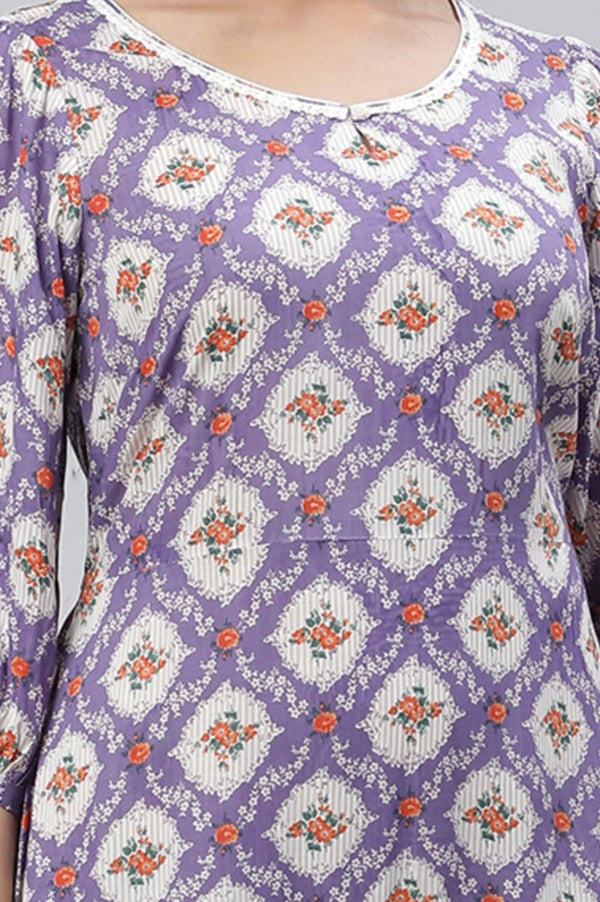 Purple Floral Printed Flared Dress