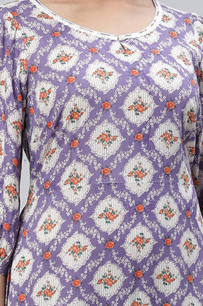 Purple Floral Printed Flared Dress