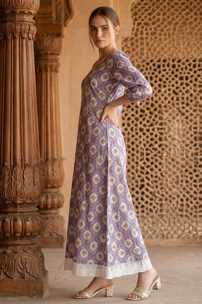 Purple Floral Printed Flared Dress