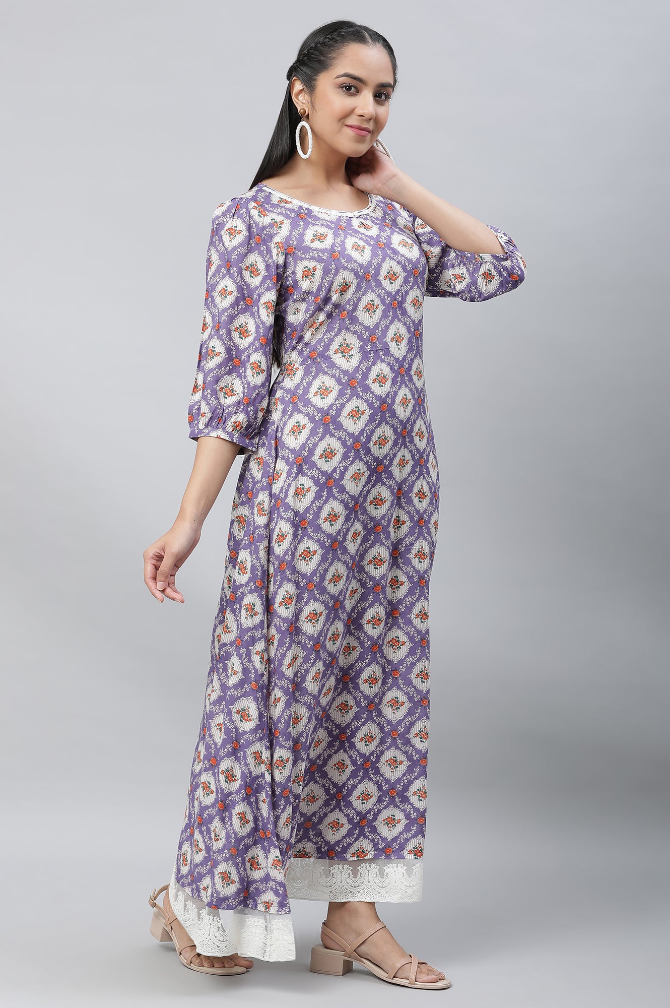 Purple Floral Printed Flared Dress