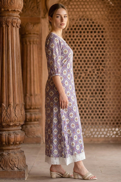 Purple Floral Printed Flared Dress