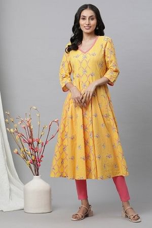 Yellow Floral Printed Anarkali Kurta