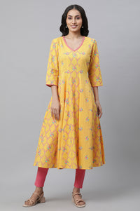 Yellow Floral Printed Anarkali Kurta